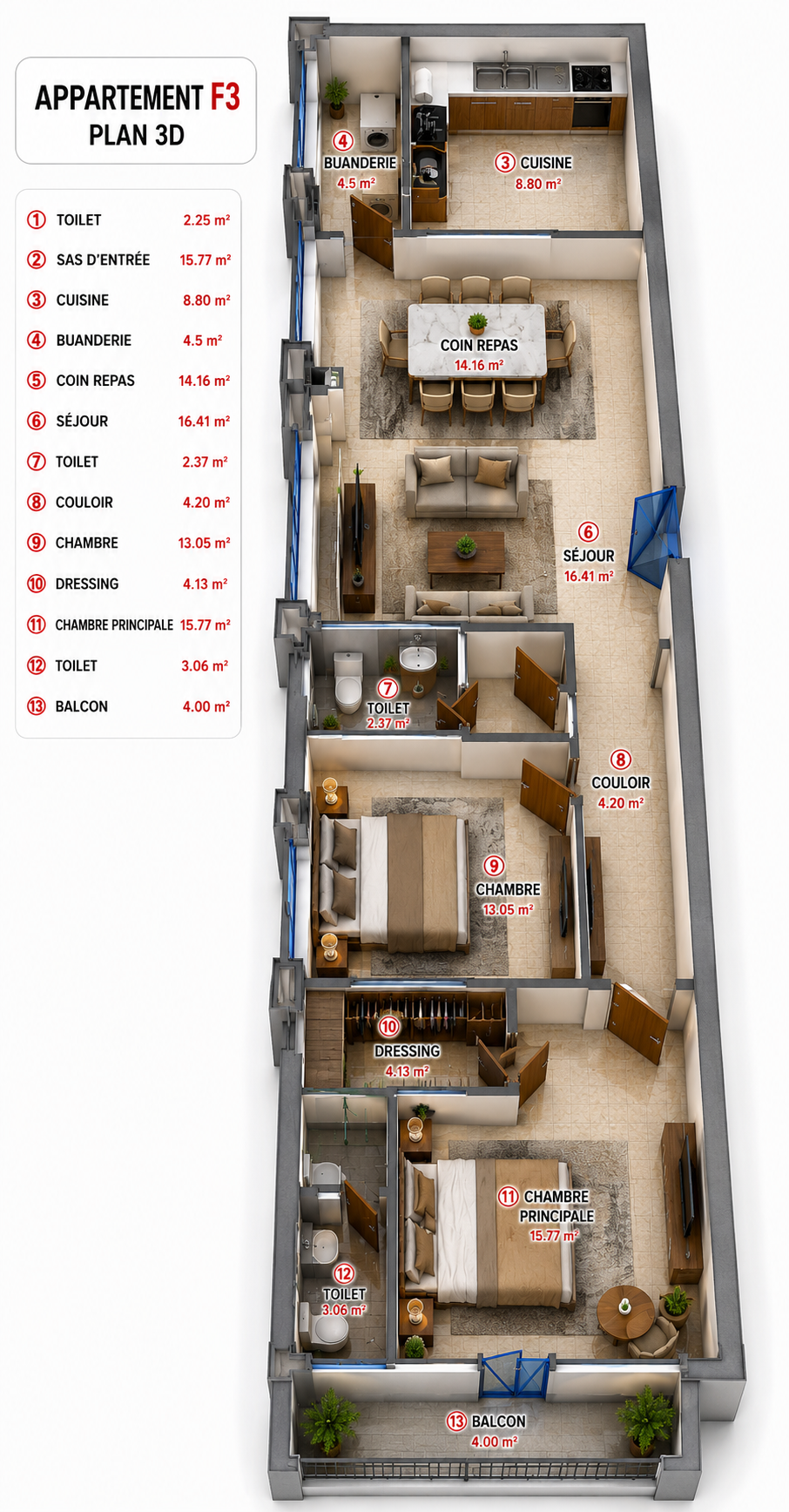 Plan 3D d'un appartement F3 type