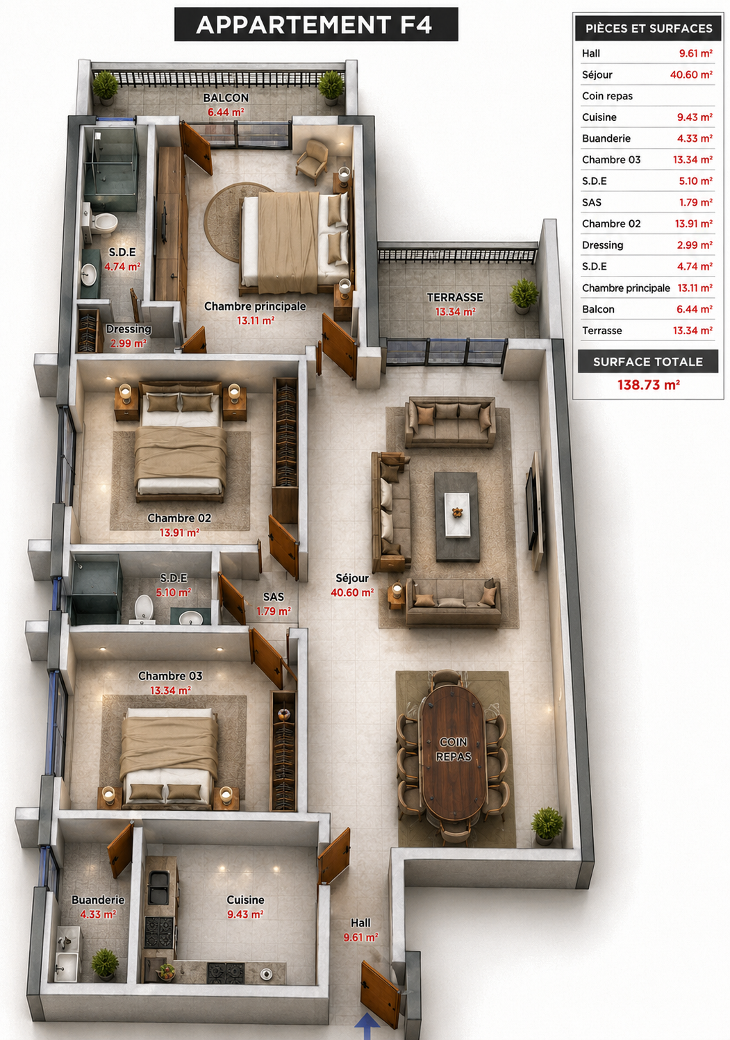 Plan 3D d'un appartement F4 (138,73 m²)