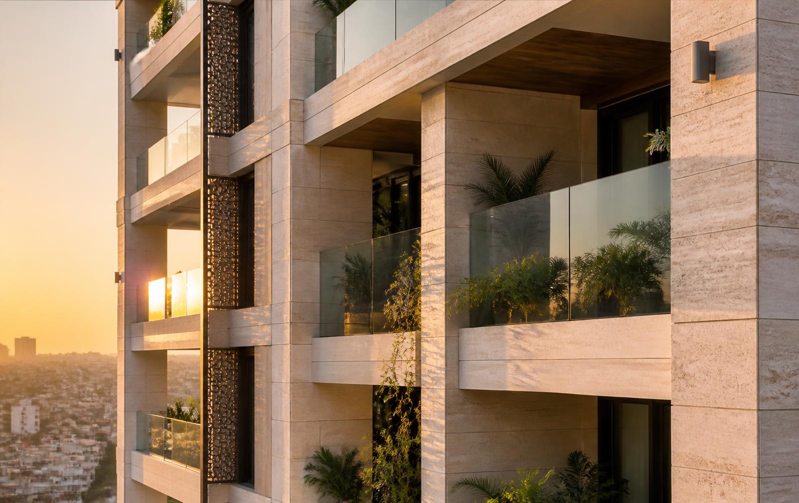 Détail de façade de la Résidence CAYOR au coucher du soleil