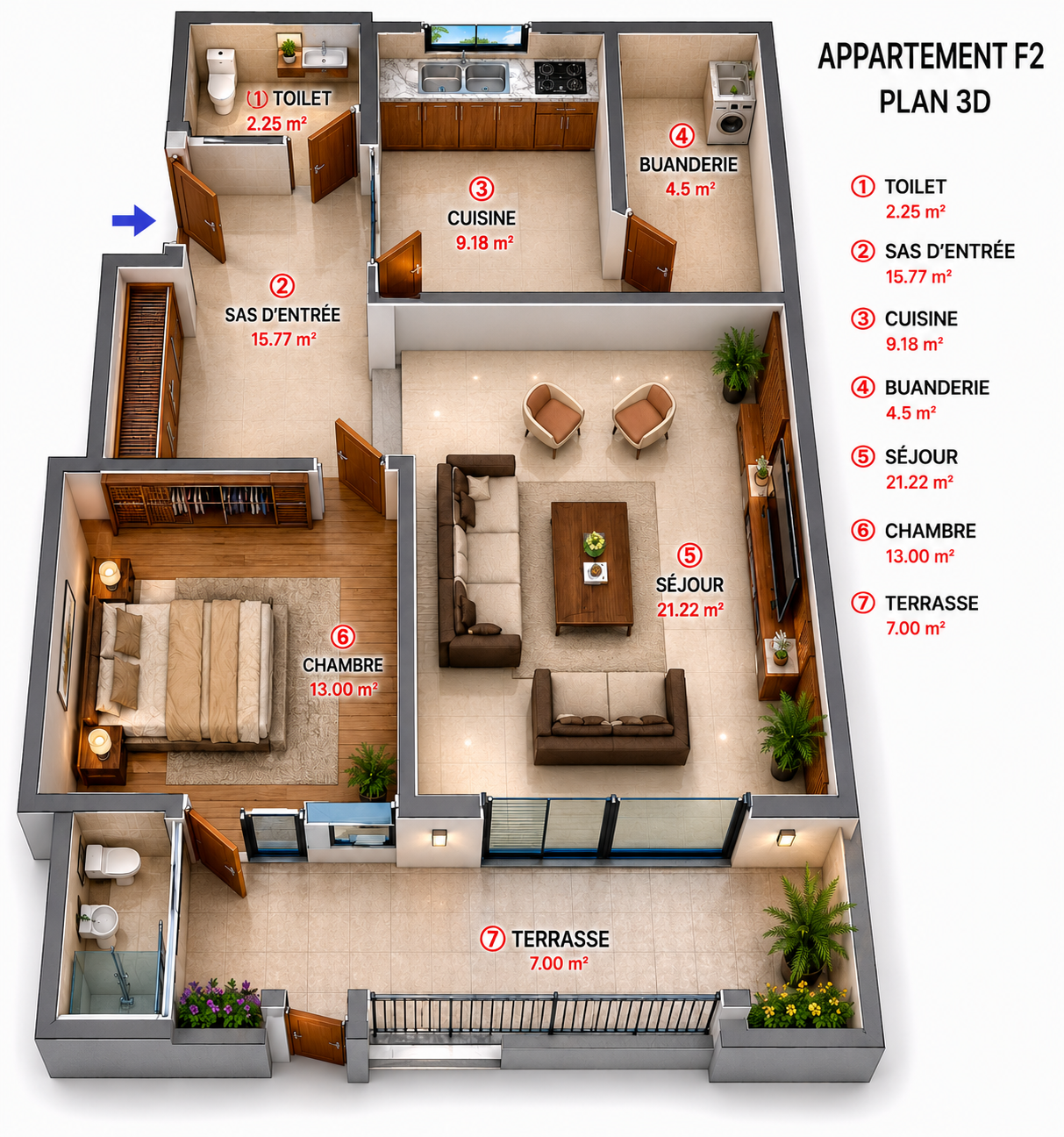 Plan 3D d'un appartement F2 type (≈ 73 m²)
